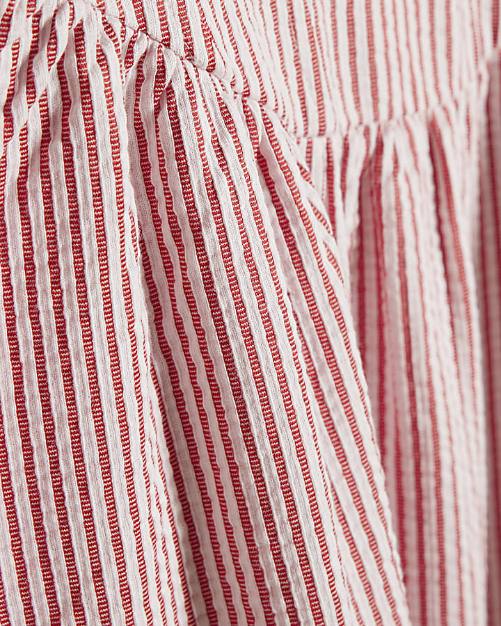 Red Cotton Blend Textured Stripe Midi Dress