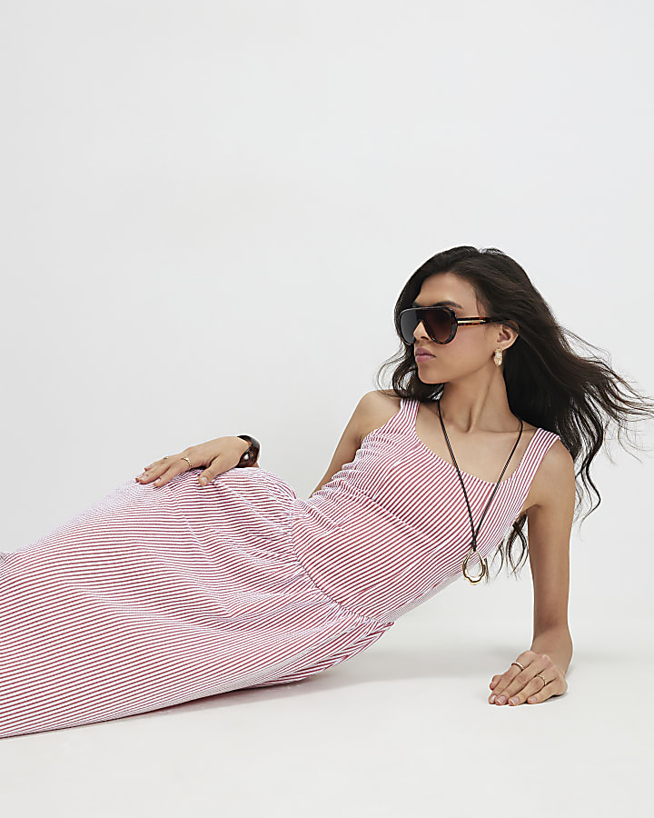 Red Cotton Blend Textured Stripe Midi Dress