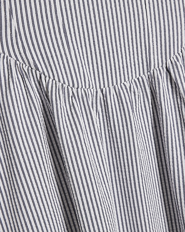 Blue Cotton Blend Textured Stripe Midi Dress