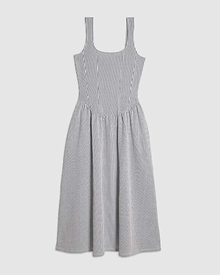 Blue Cotton Blend Textured Stripe Midi Dress