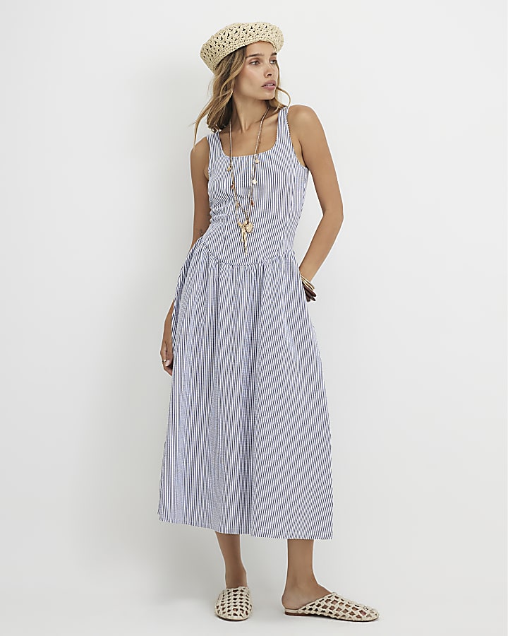 Blue Cotton Blend Textured Stripe Midi Dress