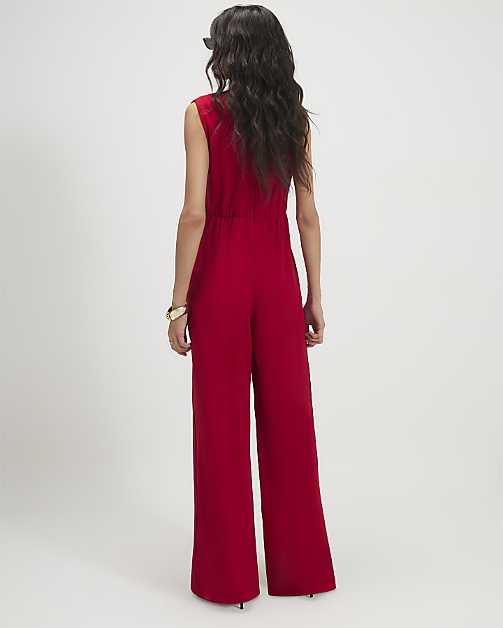 Red Sleeveless Draped Jumpsuit