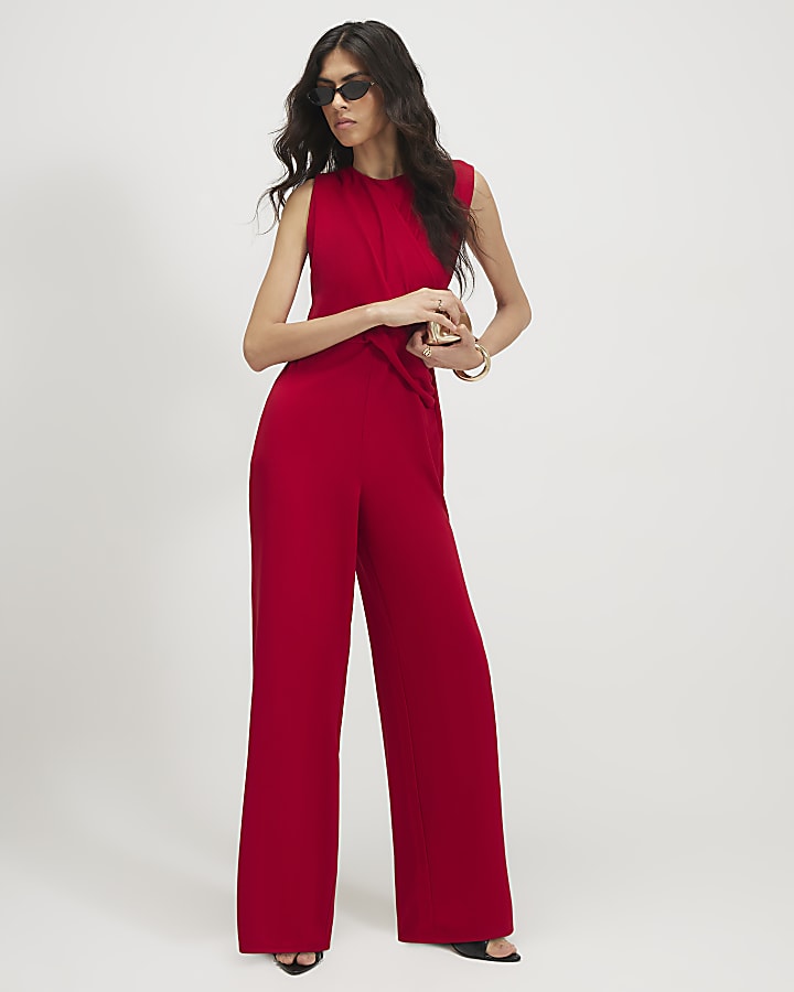 Red Sleeveless Draped Jumpsuit