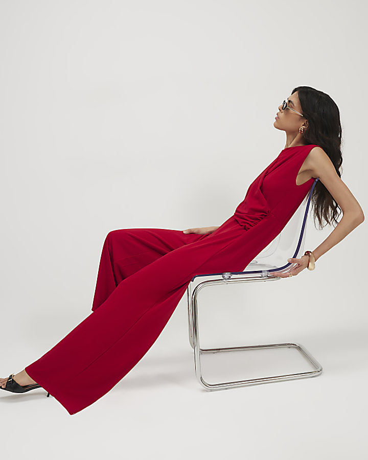 Red Sleeveless Draped Jumpsuit