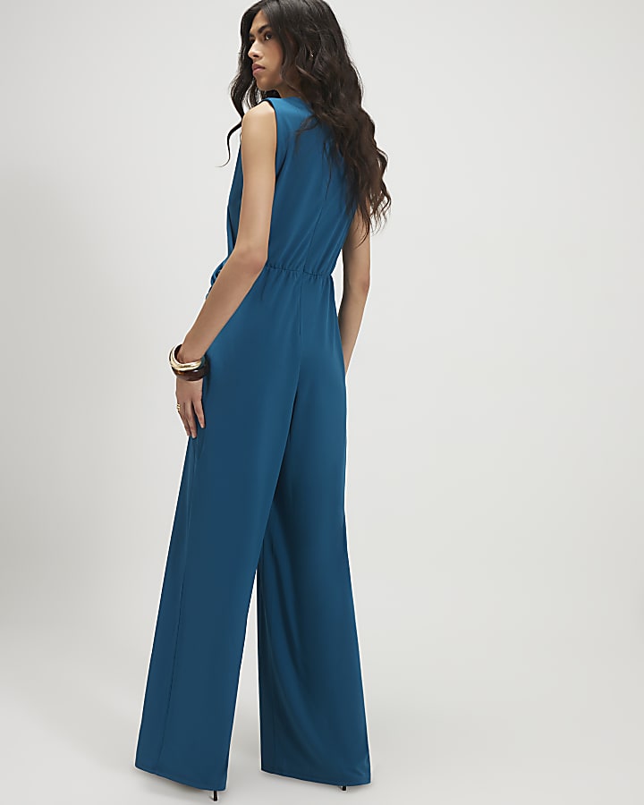 Blue Sleeveless Draped Jumpsuit