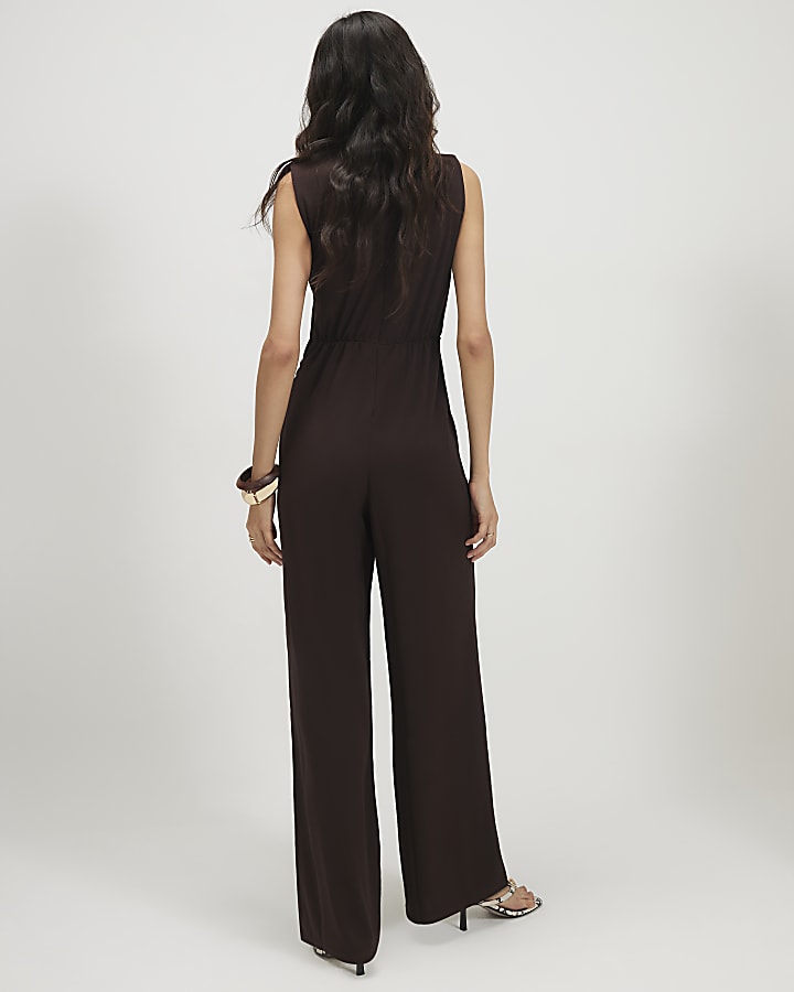Brown Sleeveless Draped Jumpsuit