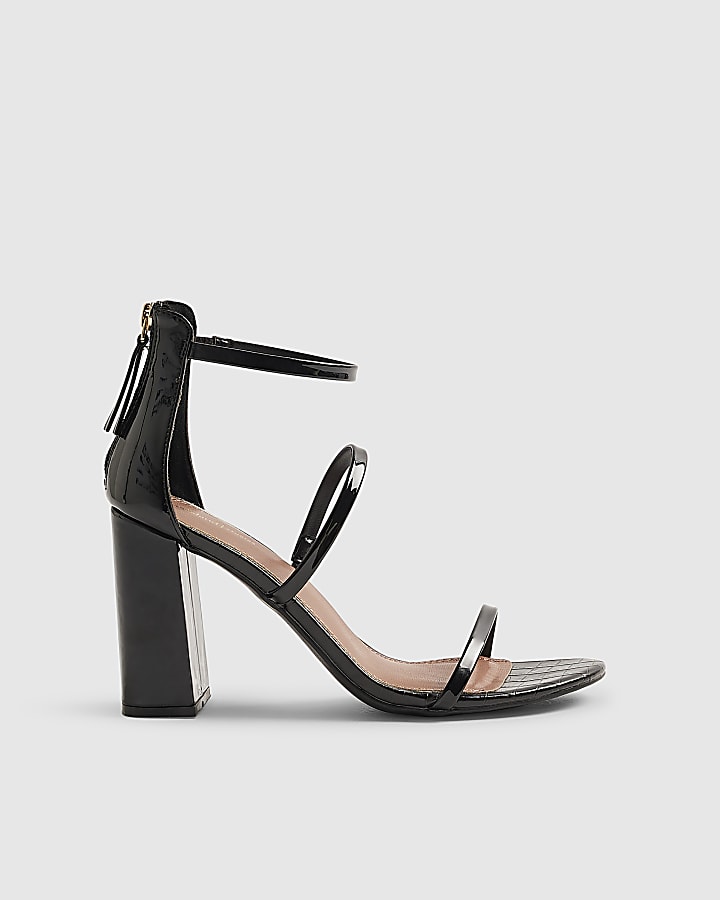 Black Patent Triple Strap Block Heel Sandals