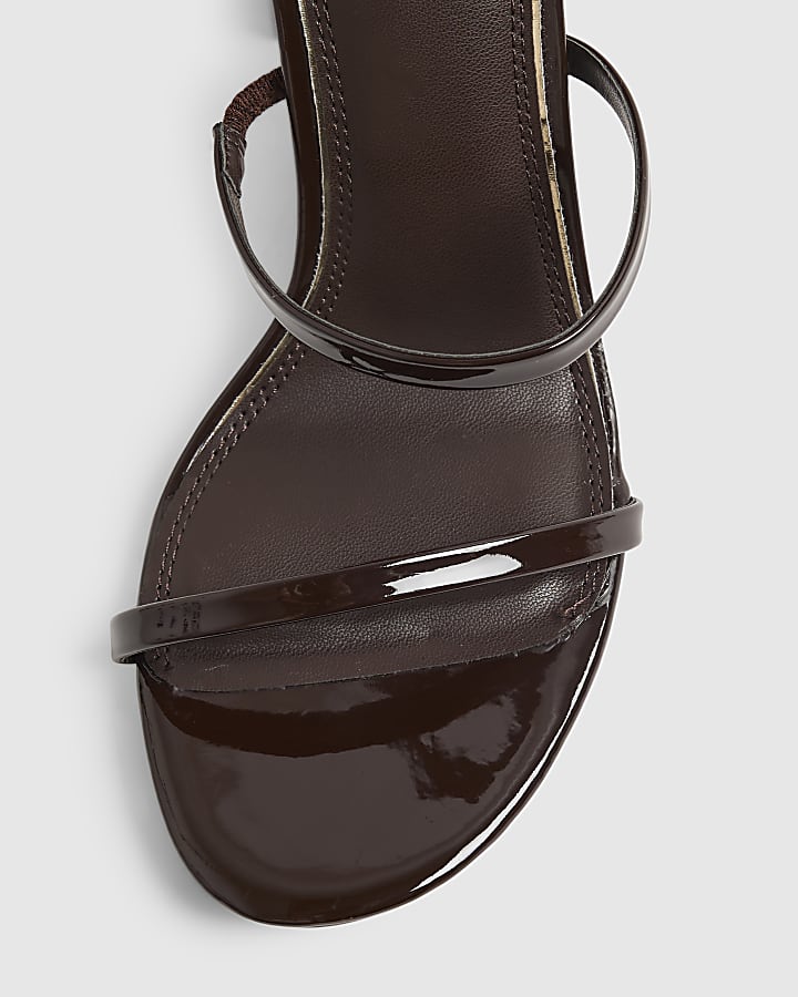 Brown Patent Triple Strap Block Heel Sandals