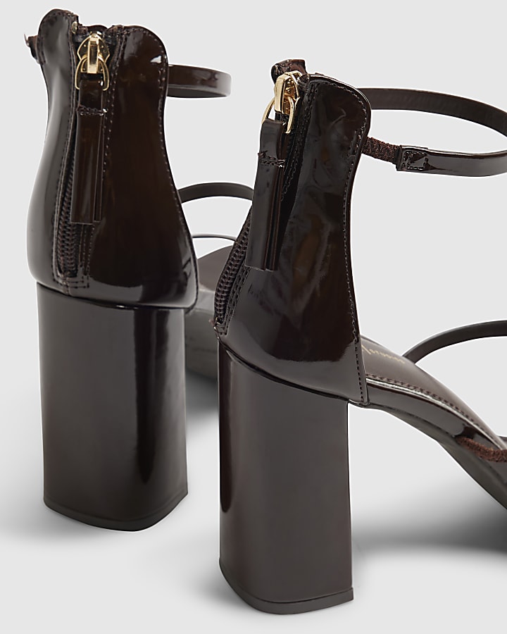 Brown Patent Triple Strap Block Heel Sandals