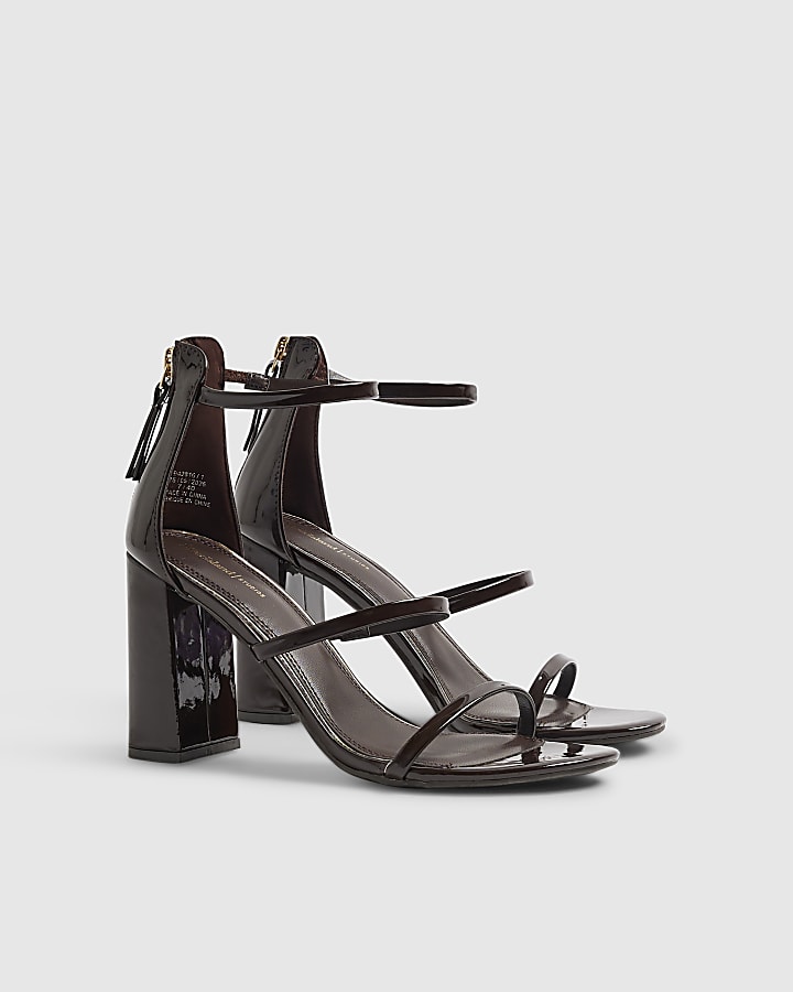 Brown Patent Triple Strap Block Heel Sandals