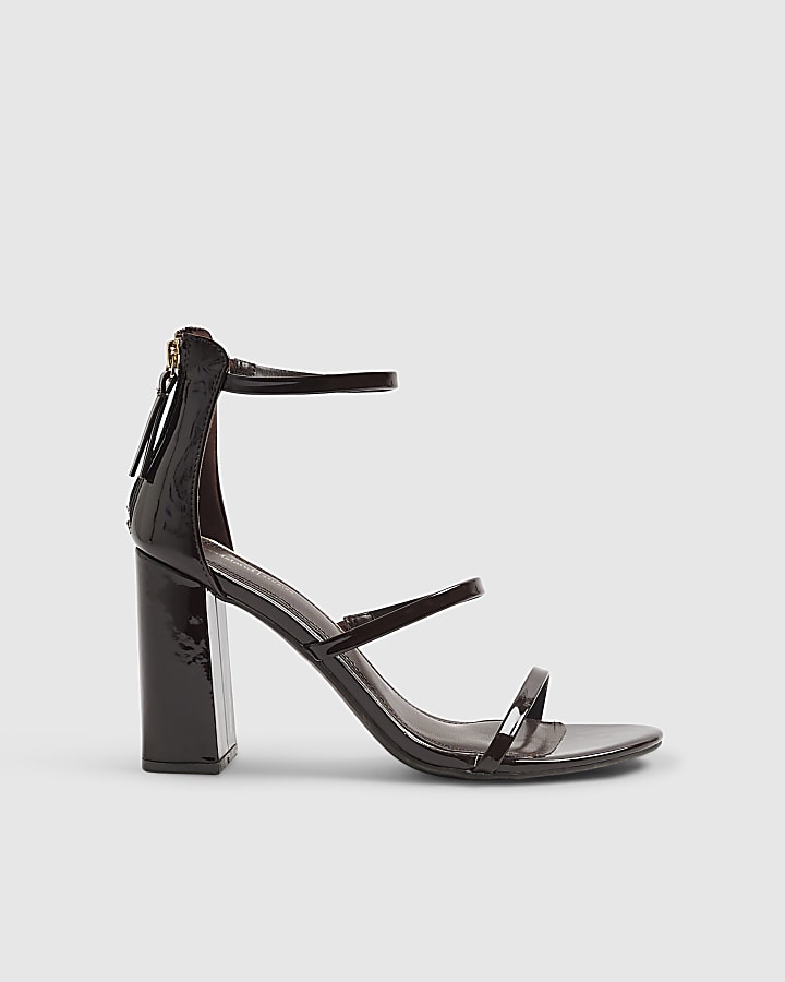 Brown Patent Triple Strap Block Heel Sandals