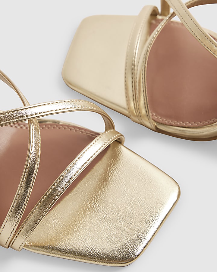 Gold Strappy Low Block Heel Sandals