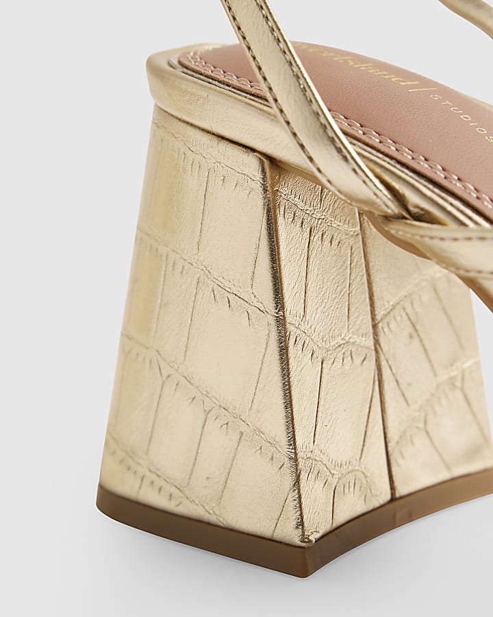 Gold Strappy Low Block Heel Sandals