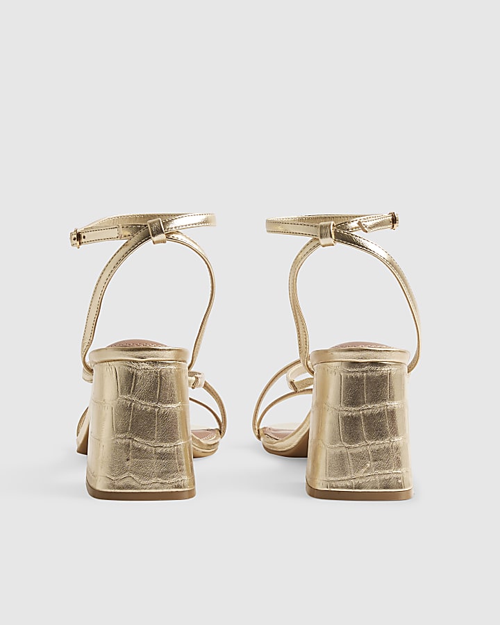 Gold Strappy Low Block Heel Sandals