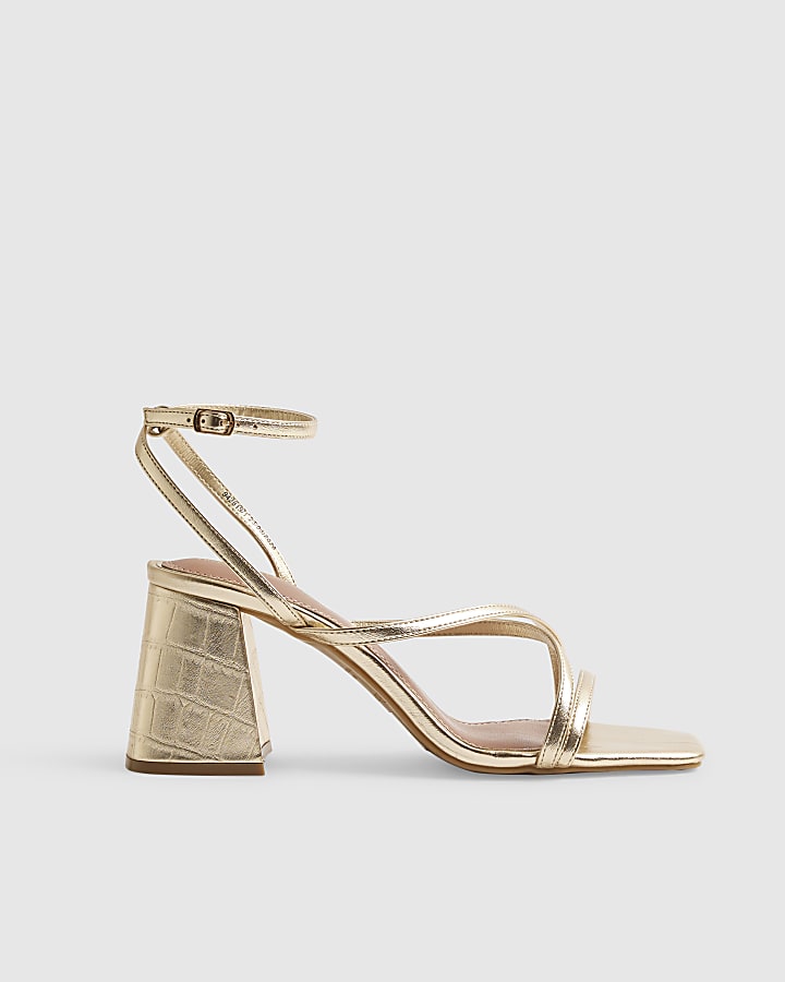 Gold Strappy Low Block Heel Sandals