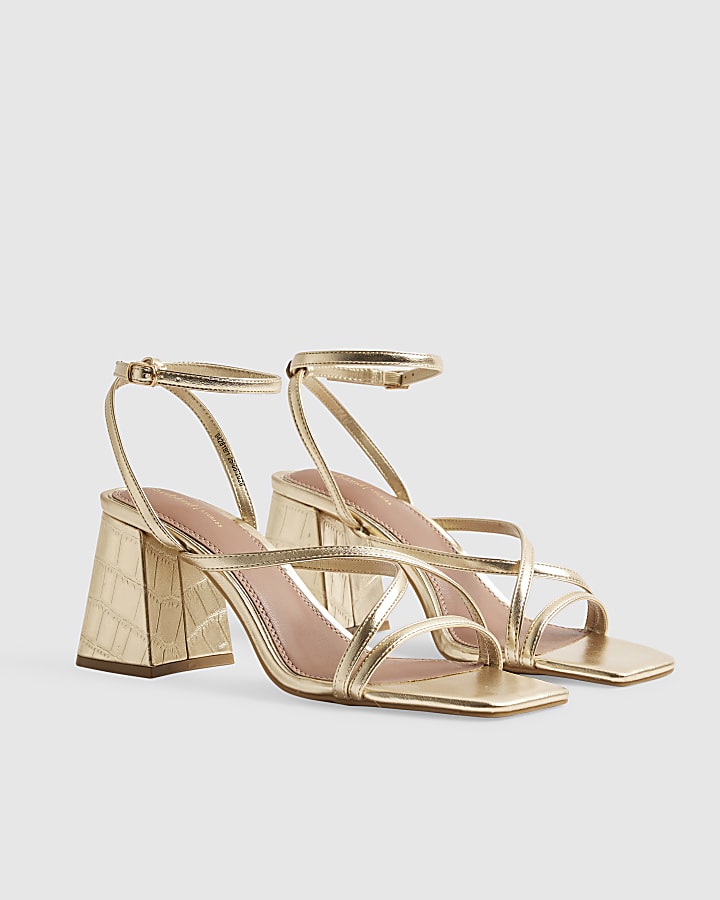 Gold Strappy Low Block Heel Sandals