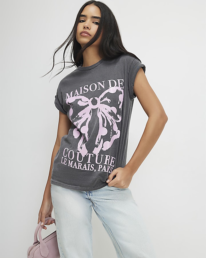 Grey Paris Polka Dot Bow Boyfriend T-shirt