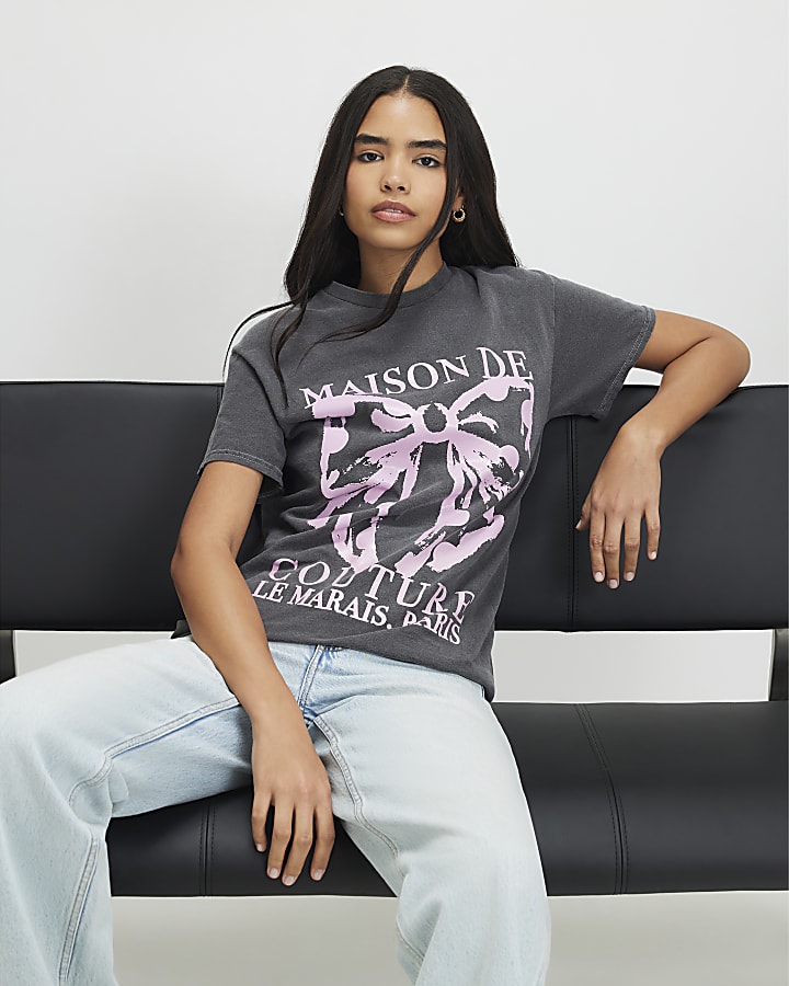 Grey Paris Polka Dot Bow Boyfriend T-shirt