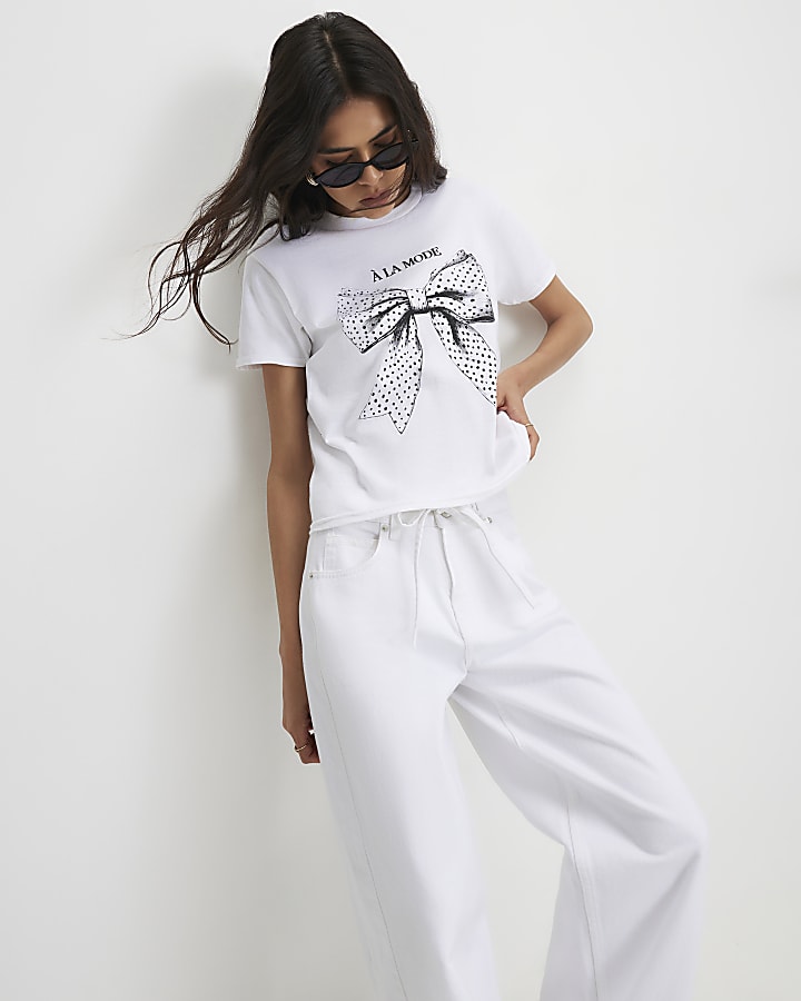 White Polka Dot Bow Fitted T-shirt