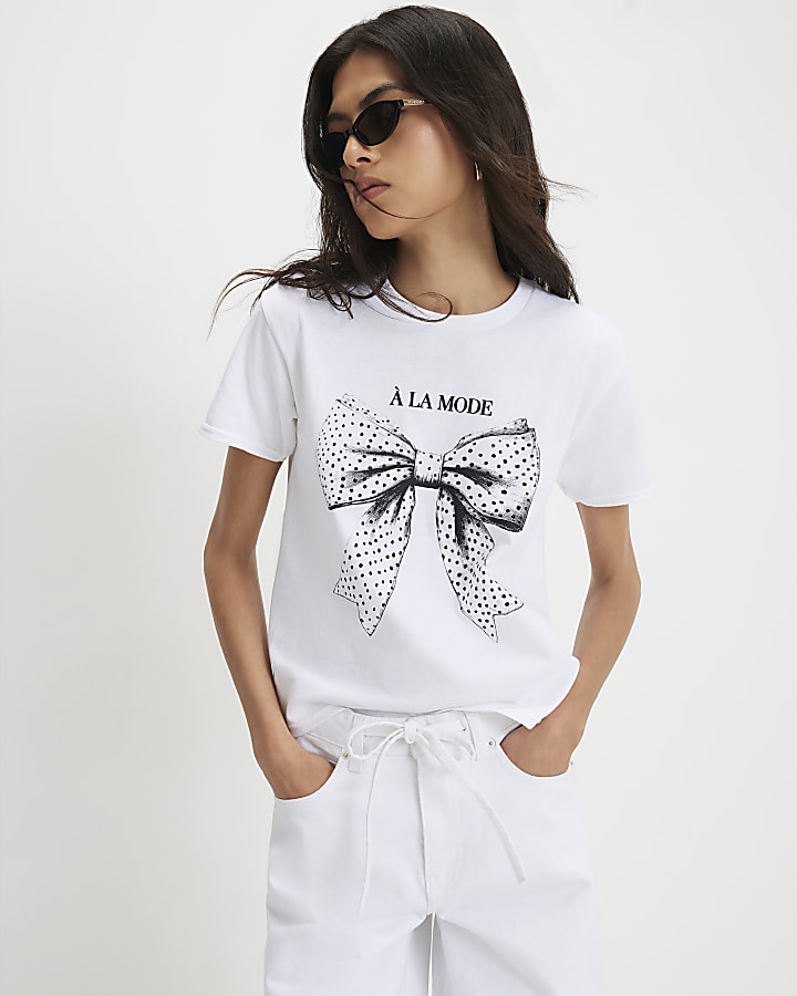 White Polka Dot Bow Fitted T-shirt