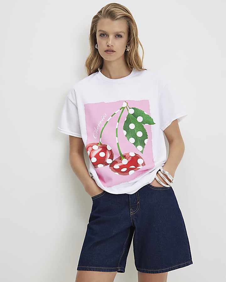 White Cotton Cherry Spot Boyfriend T-Shirt