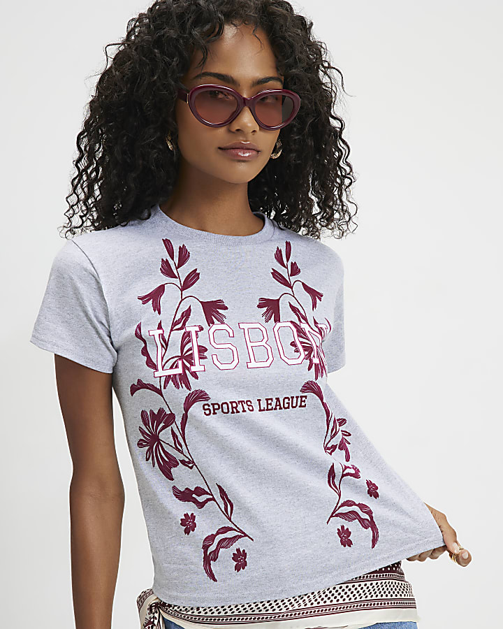 Grey Lisbon Floral Fitted T-Shirt