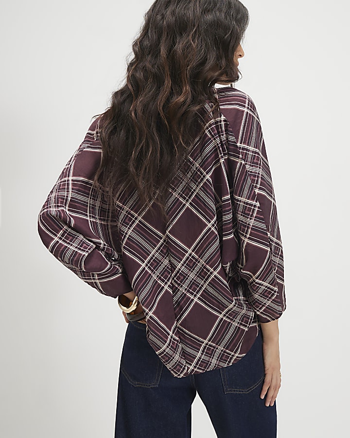 Purple Check Print Pussybow Blouse