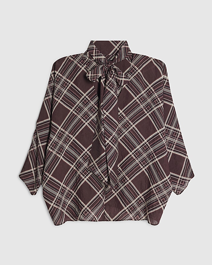 Purple Check Print Pussybow Blouse