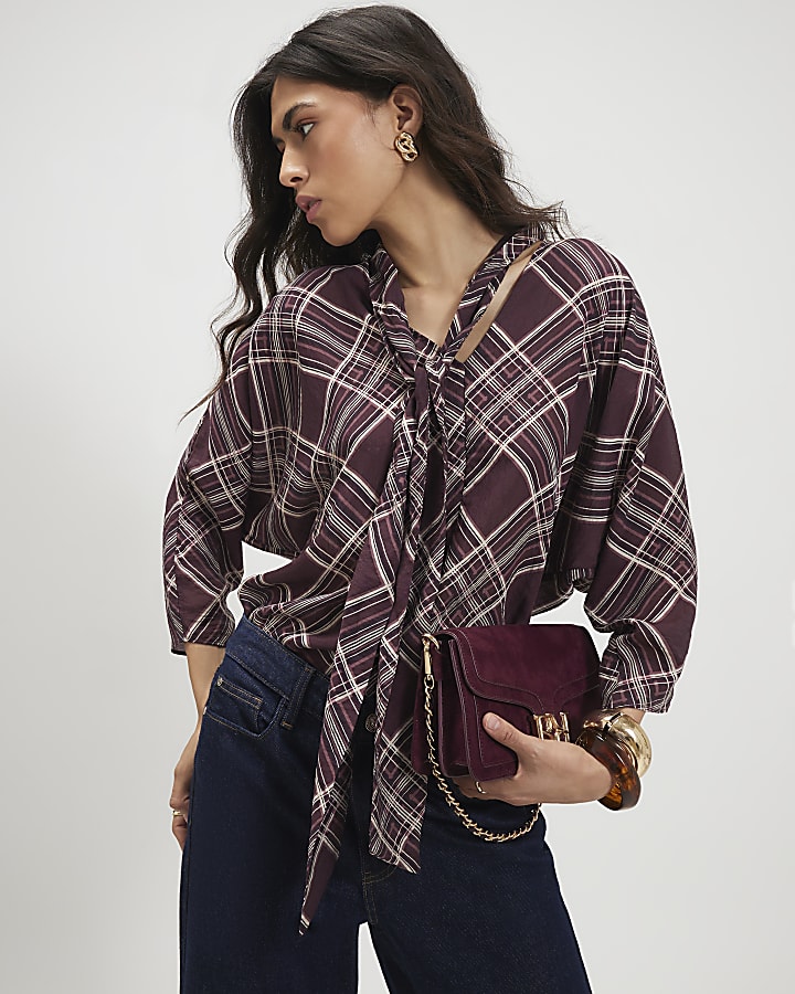 Purple Check Print Pussybow Blouse
