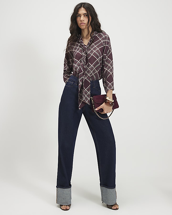 Purple Check Print Pussybow Blouse