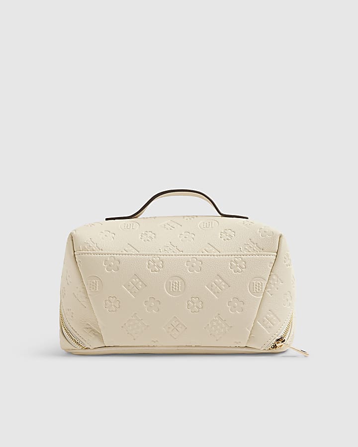 Cream Large Embossed Monogram Makeup Bag