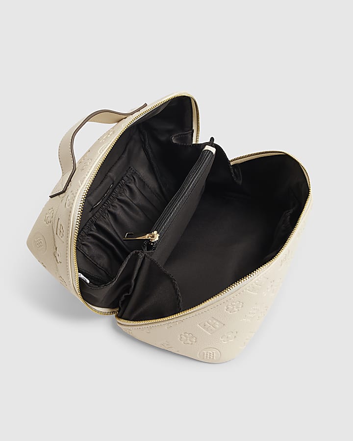 Cream Large Embossed Monogram Makeup Bag