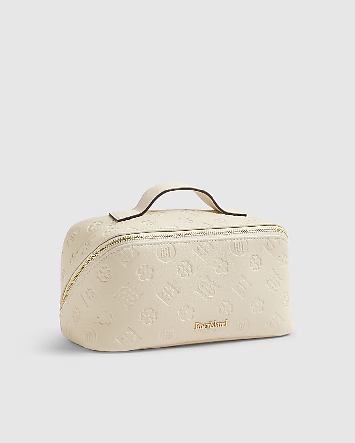 Cream Large Embossed Monogram Makeup Bag