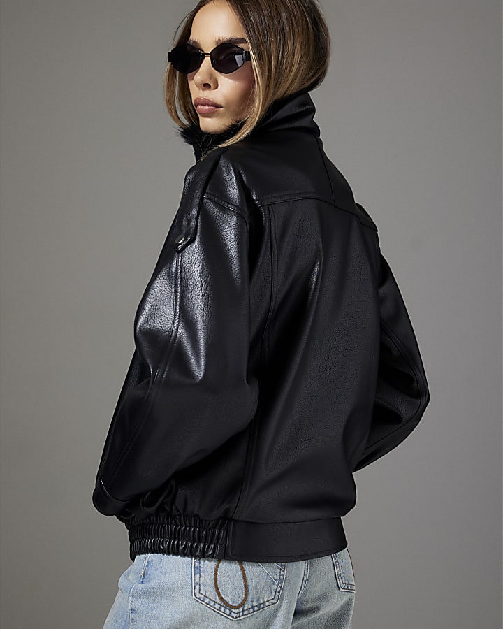 Black Fur Trim Faux Leather Bomber Jacket