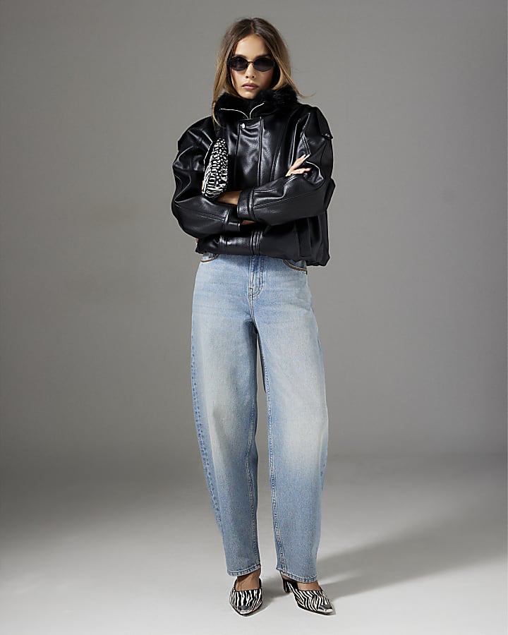 Black Fur Trim Faux Leather Bomber Jacket