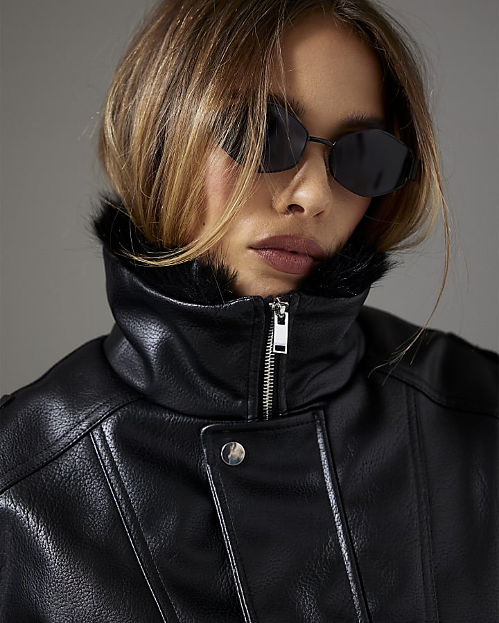 Black Fur Trim Faux Leather Bomber Jacket