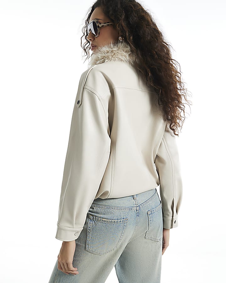 Cream Fur Trim Faux Leather Bomber Jacket