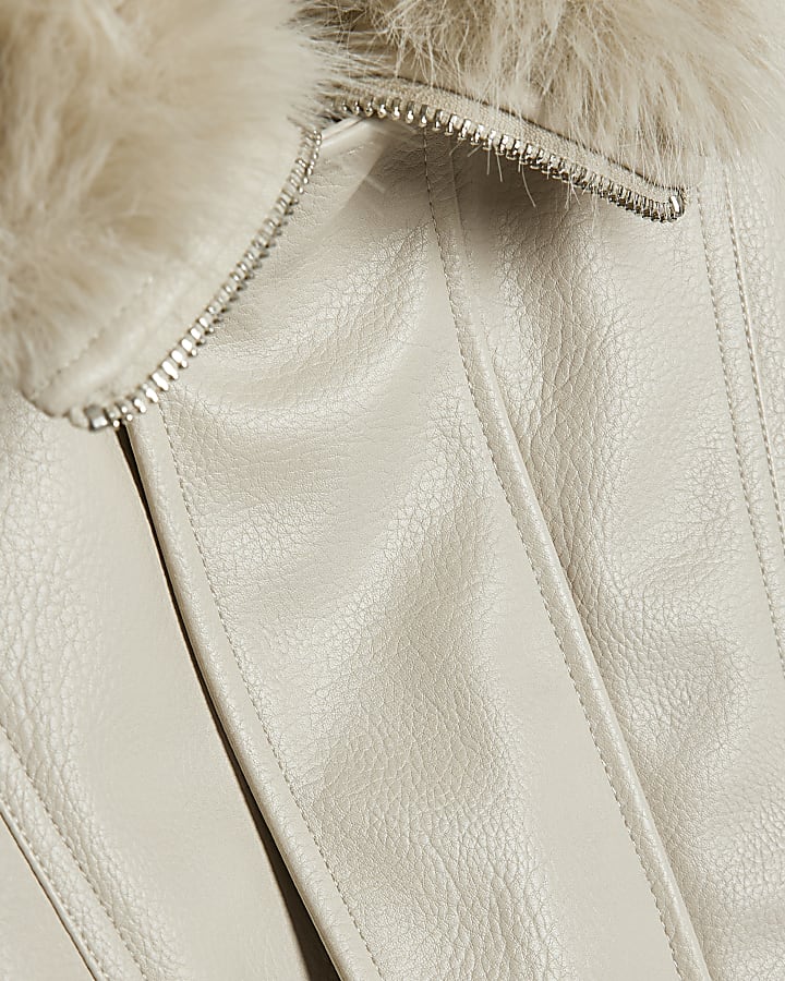 Cream Faux Fur Faux Leather Bomber Jacket