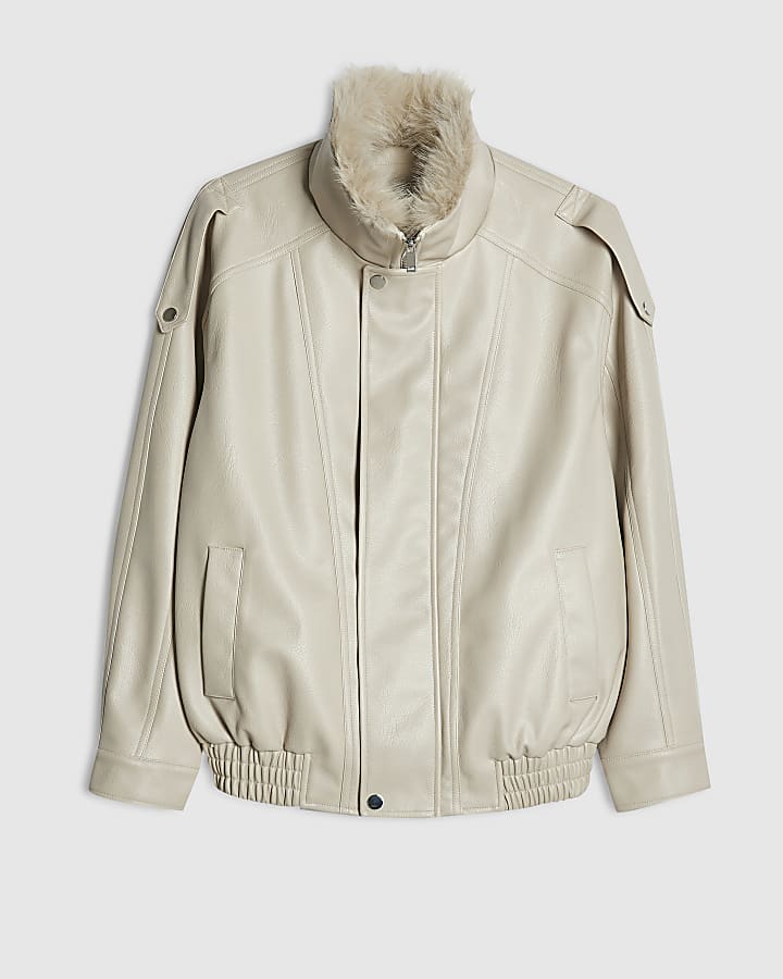 Cream Faux Fur Faux Leather Bomber Jacket