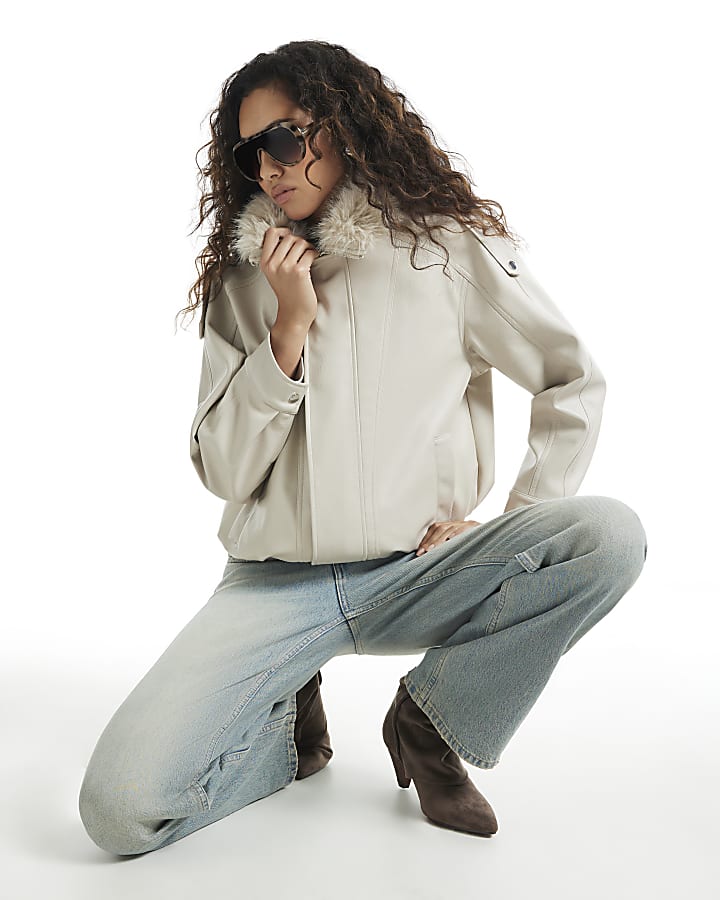 Cream Fur Trim Faux Leather Bomber Jacket