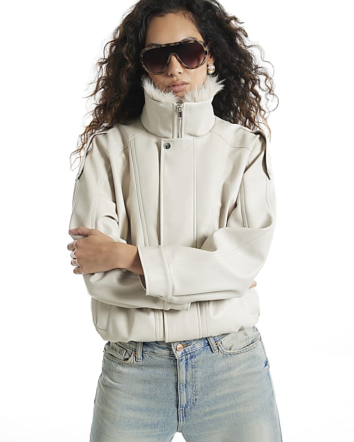 Cream Fur Trim Faux Leather Bomber Jacket