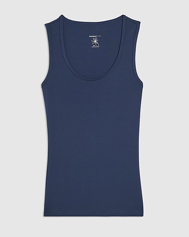 Blue Cotton Blend Scoop Neck Vest Top