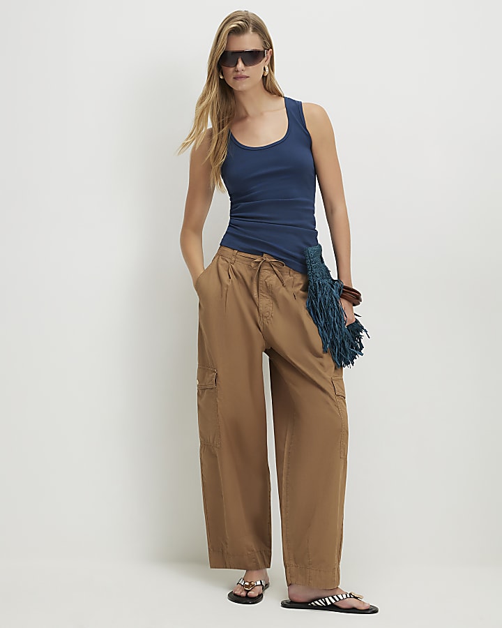Blue Cotton Blend Scoop Neck Vest Top