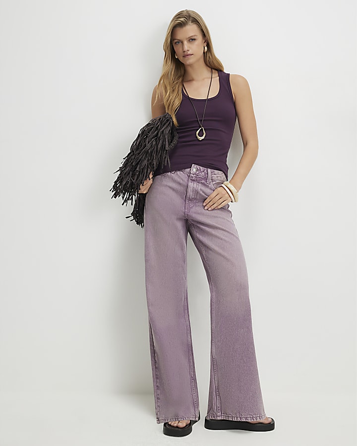 Purple Cotton Blend Scoop Neck Vest Top