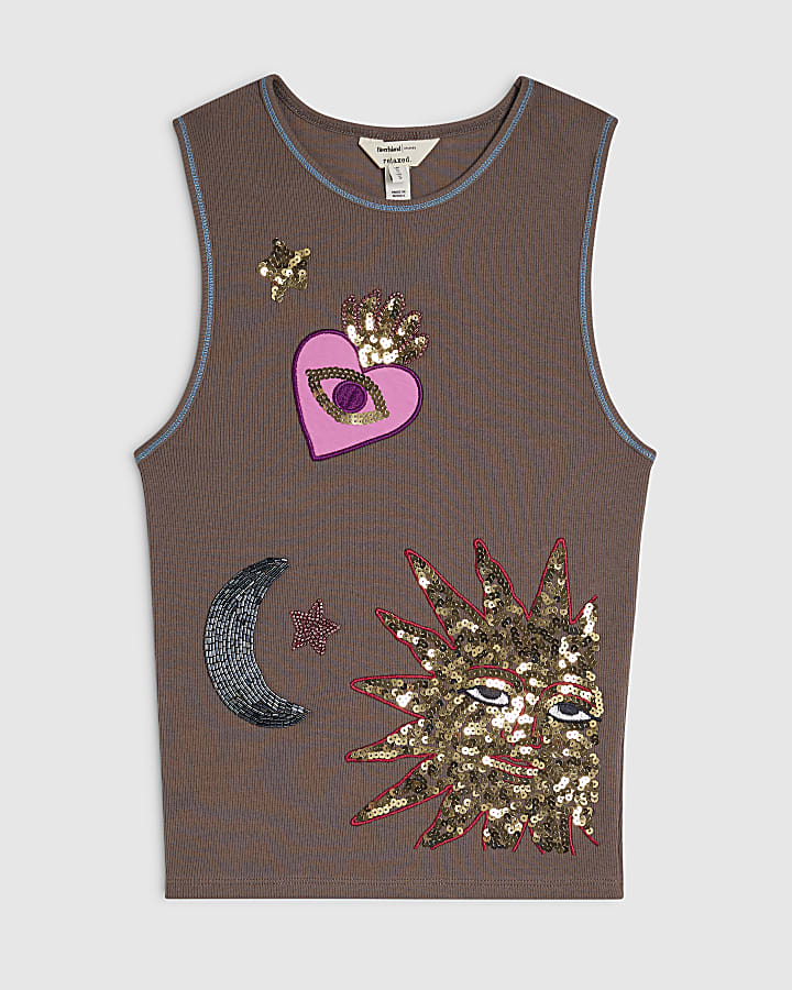 Brown Cotton Blend Embellished Sun Tank Top