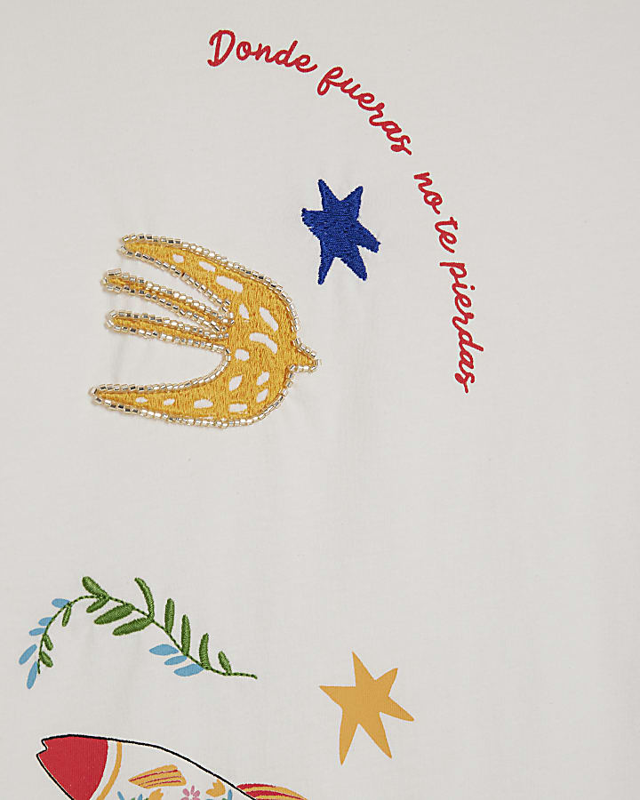 White Cotton Embellished Quirky Boxy T-shirt