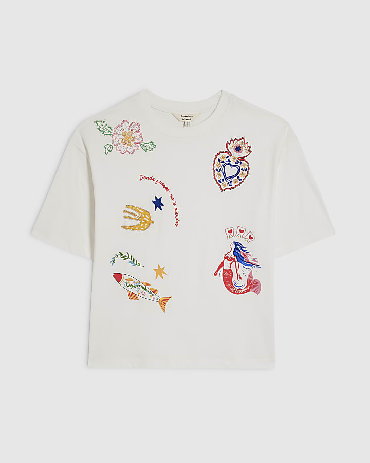 White Cotton Embellished Quirky Boxy T-shirt