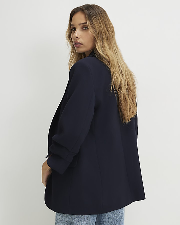 Navy Ruched Sleeve Blazer