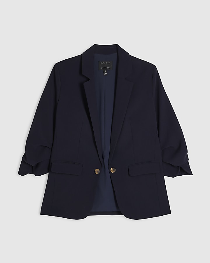 Navy Ruched Sleeve Blazer