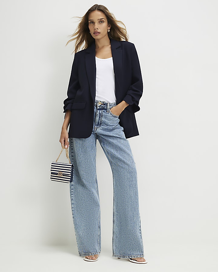 Navy Ruched Sleeve Blazer